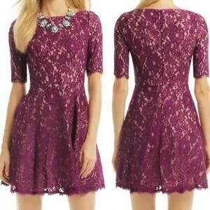 ML Monique Lhuillier Floral Lace Fit & Flare Mini Dress Lined Magenta Women's 14